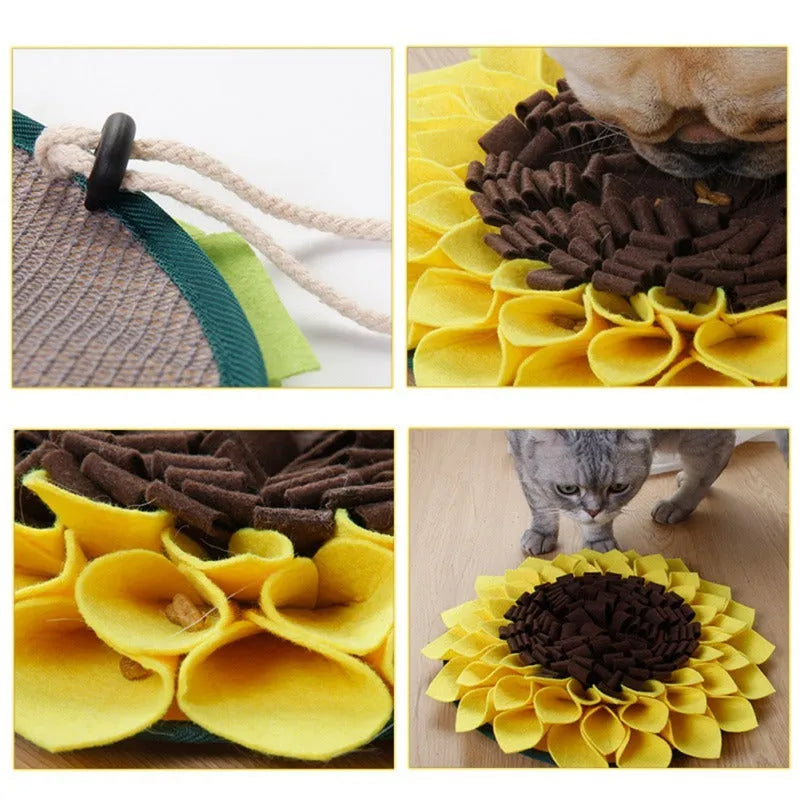 Yellow sunflower-shaped dog snuffle mat measuring 37.5x37.5x4 cm with rope buckle attachment