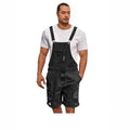 Men's ripped blue denim shorts with attached suspenders on a mid waist straight-leg fit.