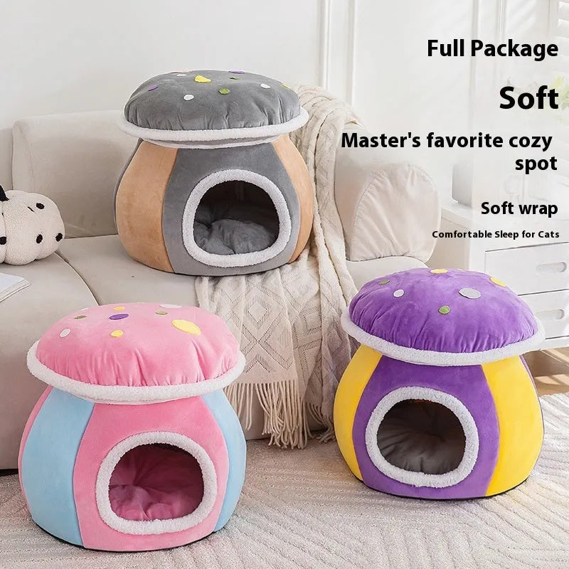 Mushroom-shaped thermal plush cat bed in gray, pink or purple colour options