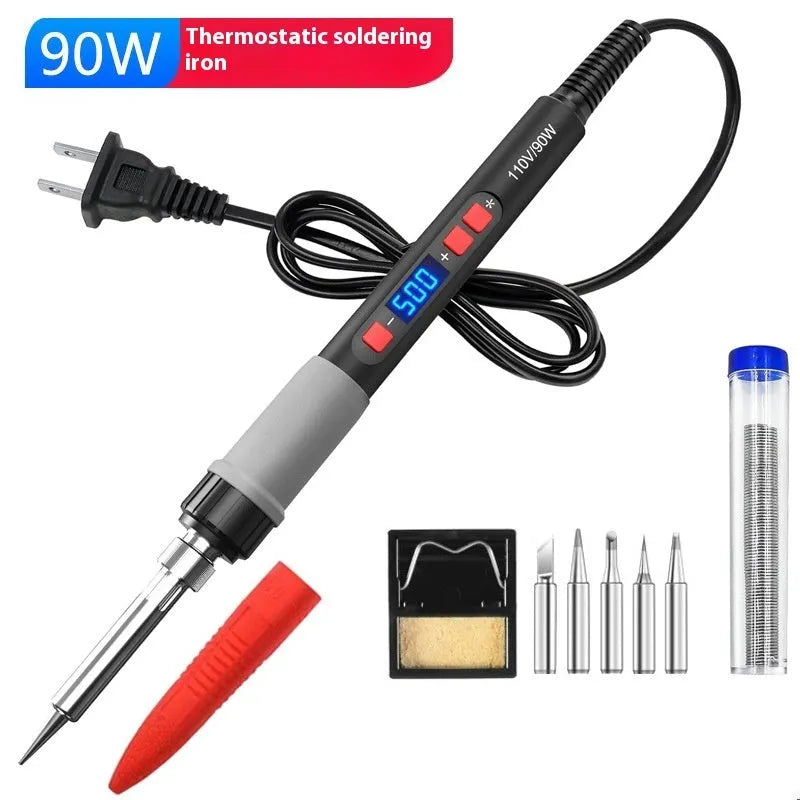 Grey 90W electric soldering iron with ceramic heating core, five tips, sponge, and tin wire for electronic repairs