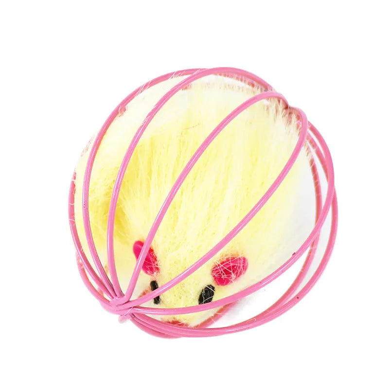 Soft plush cage mouse cat toy approximately 6cm diameter on light surface