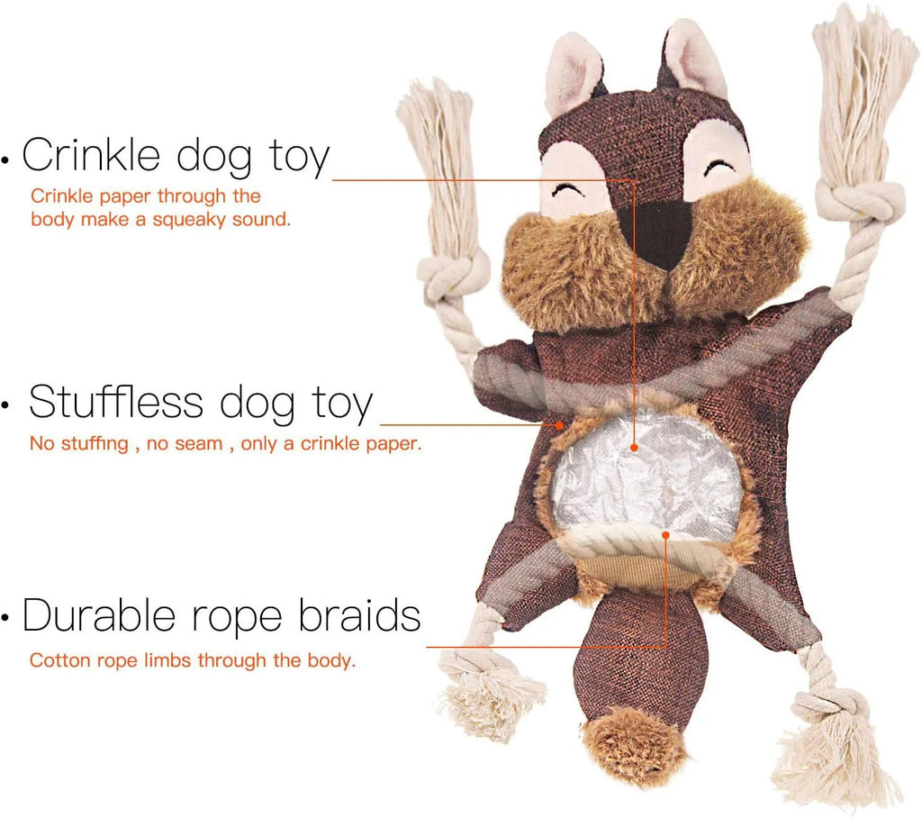 Brown fox-shaped dog toy with embroidered eyes, rope arms and legs, labelled as a squeaker and crinkle toy.