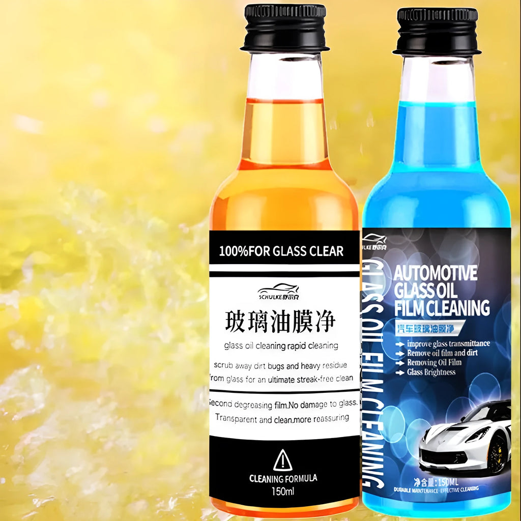 Blue and yellow 150ml bottles of car glass oil film remover cleaner
