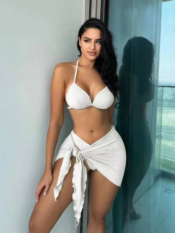 Women's three-piece swimsuit set with Russian split skirt in avocado green colour