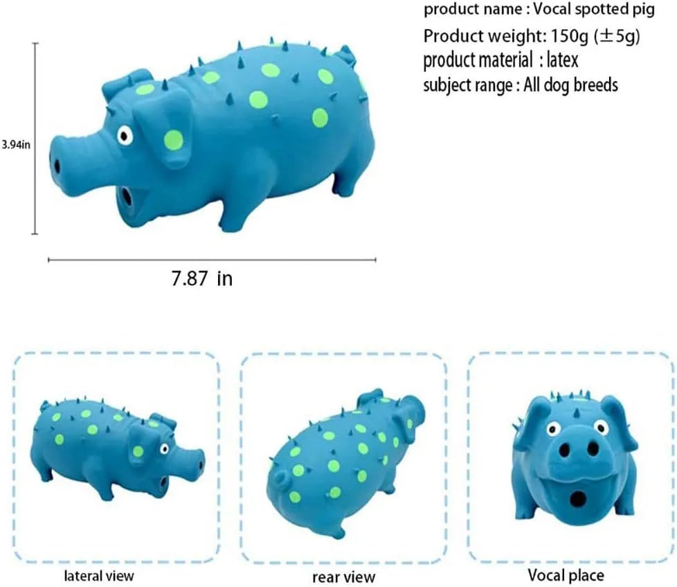 Blue pig-shaped latex dog chew toy with textured surface on a white background.