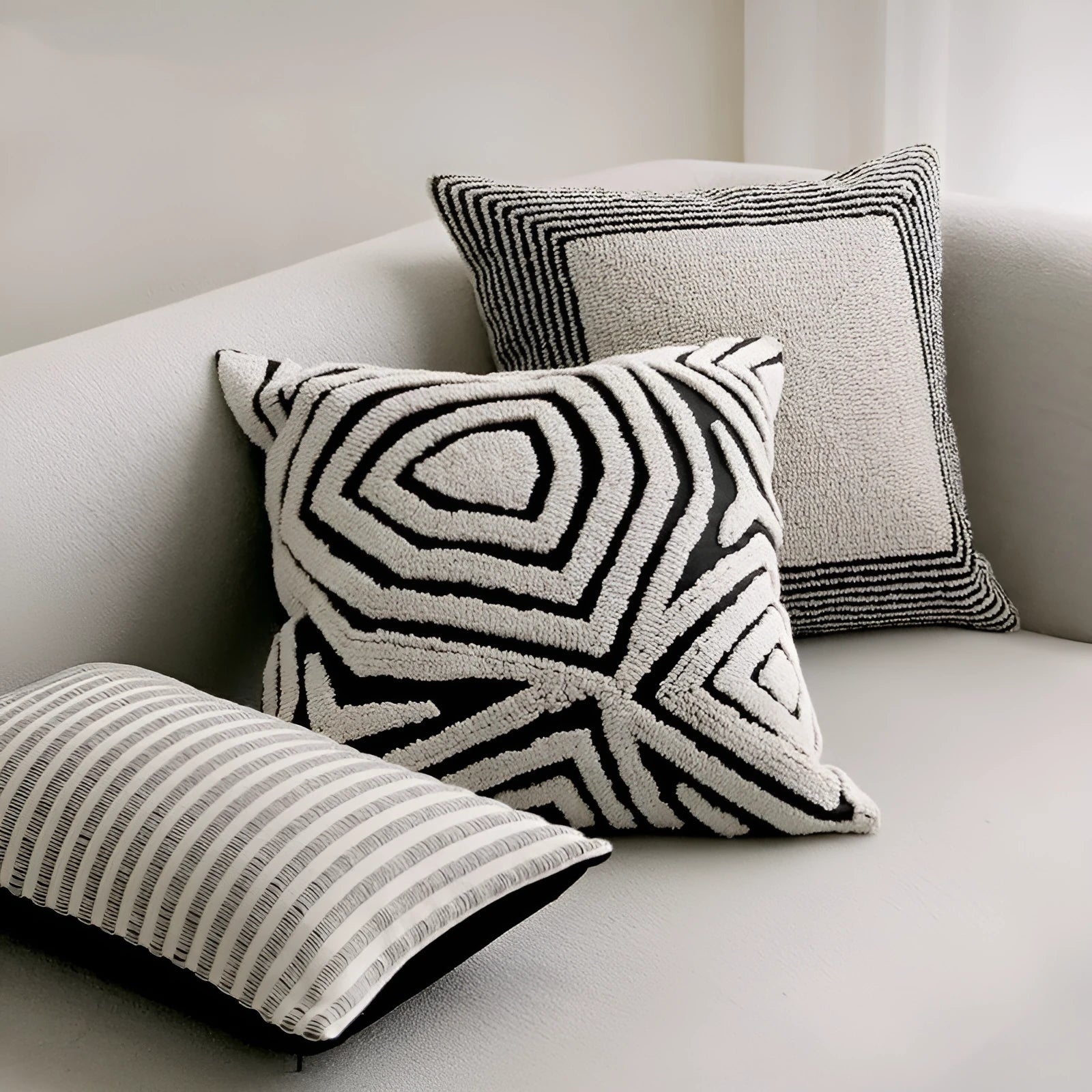 Black and white geometric towel embroidery square pillow cover 50x50cm for sofa cushion