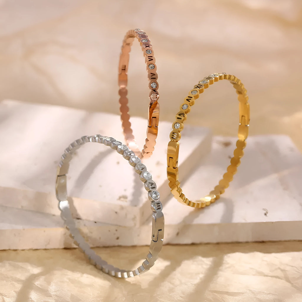 Titanium steel Korean style bracelet with engraved numbers in gold, rose gold or steel colour options