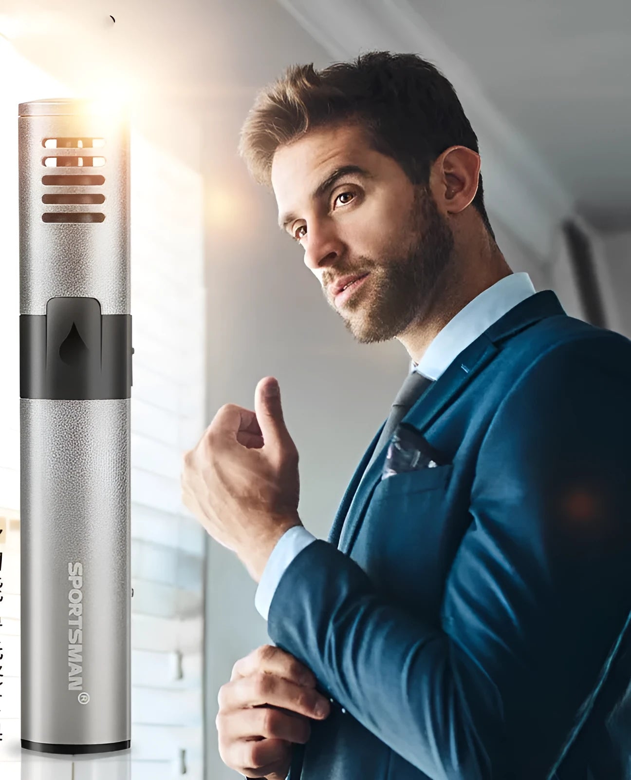 Silver grey metal aluminium tube USB rechargeable nose hair trimmer on clean background