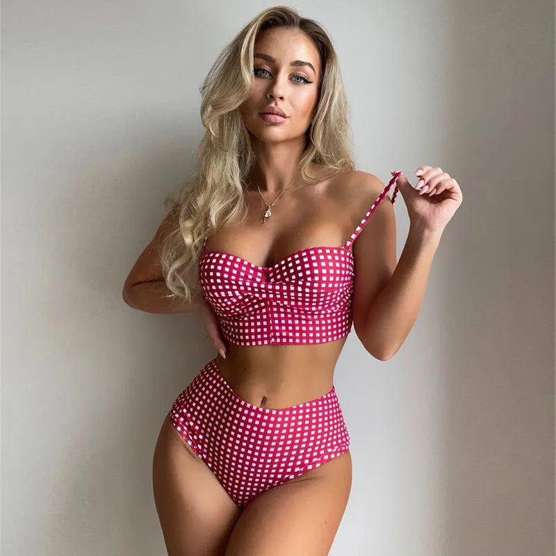 Women's plaid high-waist bikini swimsuit set in rose red, shown as a two-piece with briefs.