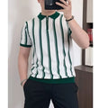 Man wearing a black vintage stripe t-shirt with a cartoon print and a zip detail on the half sleeve.