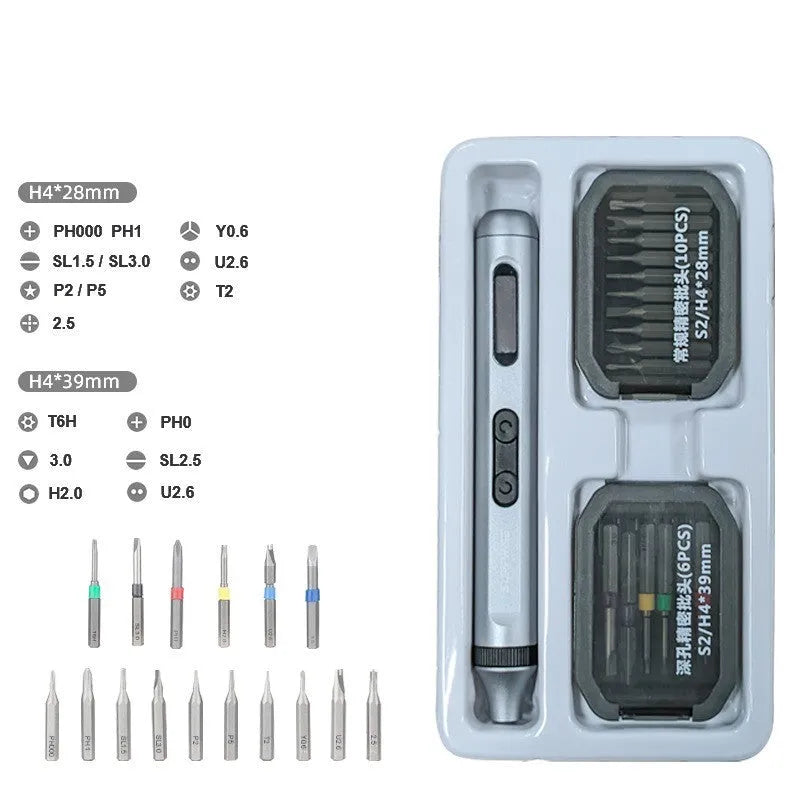Precision cordless electric screwdriver with aluminium alloy handle, shown with battery and torque specifications.
