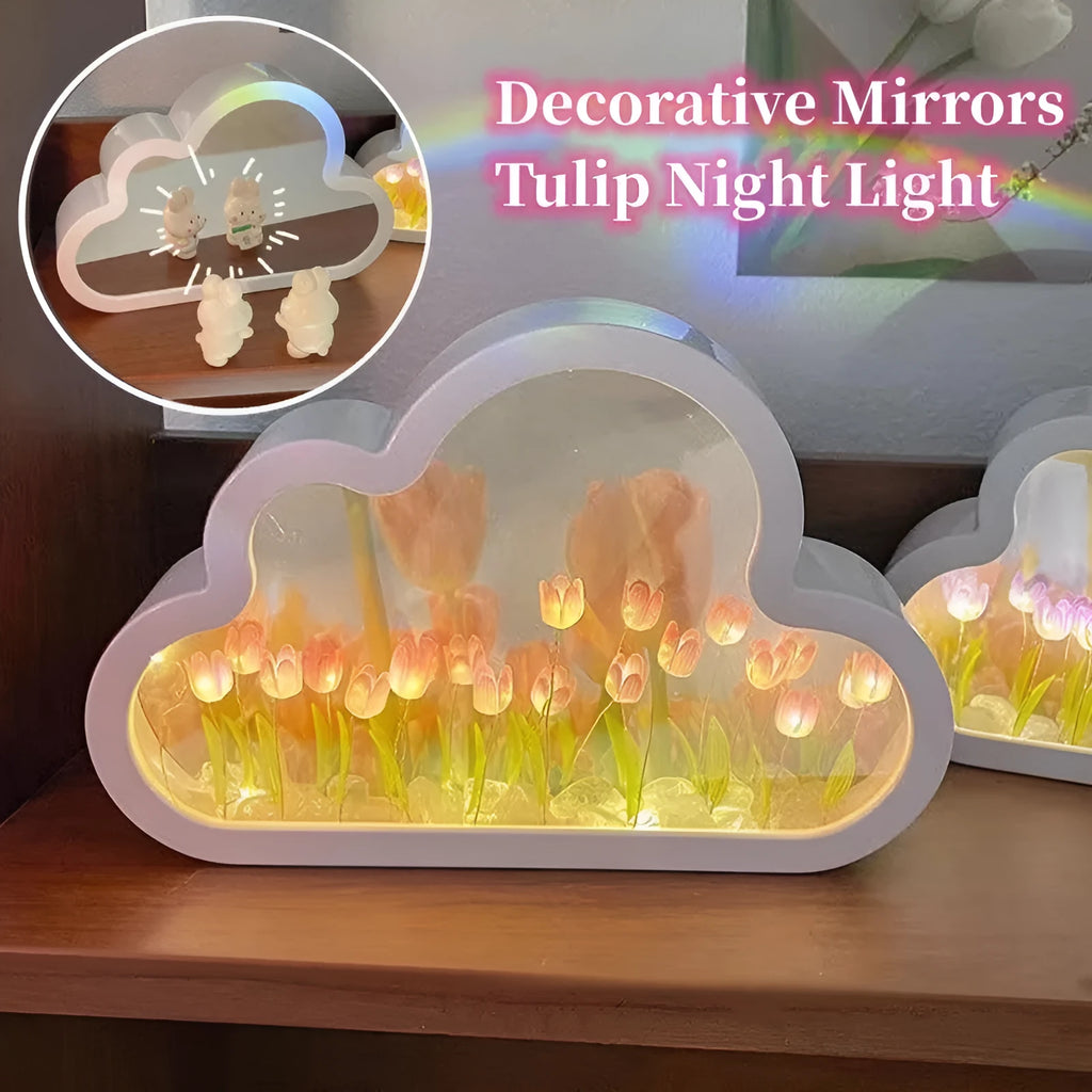 DIY tulip night lamp with mirror and LED light in pink colour on a desk