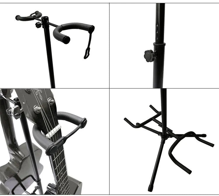 Black vertical double-headed adjustable guitar stand for electric and acoustic instruments