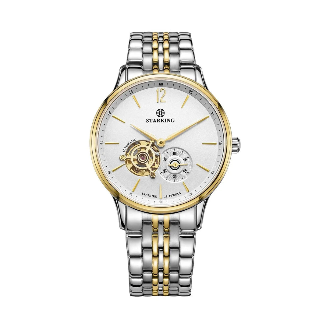 Automatic mechanical men's watch with brown leather strap and stainless steel case showing hollow three-needle dial design