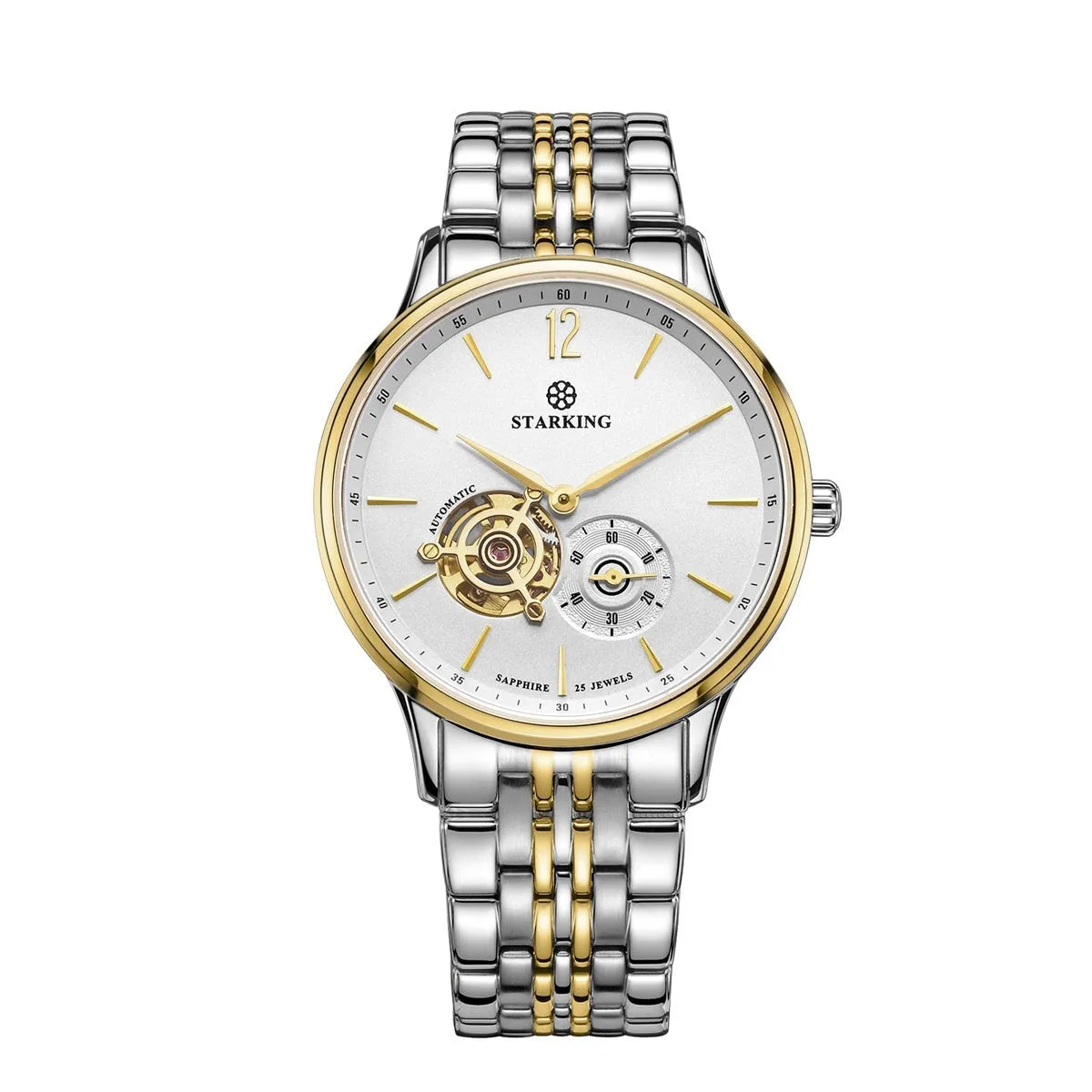 Automatic mechanical men's watch with brown leather strap and stainless steel case showing hollow three-needle dial design