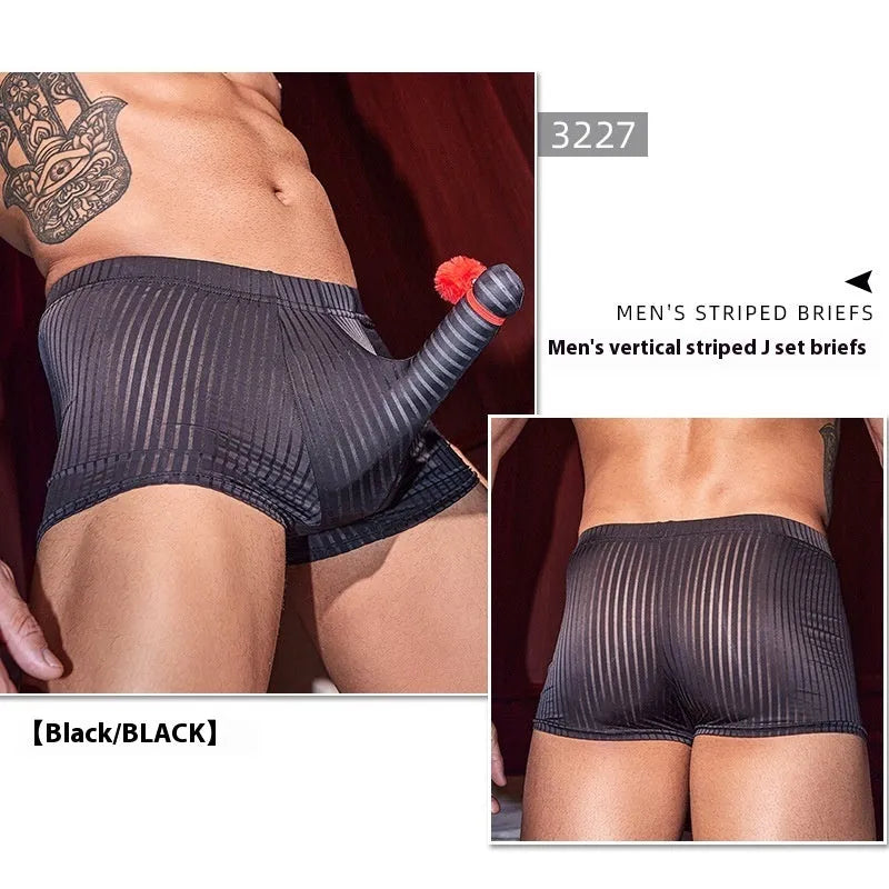 Men's striped boxer briefs underwear in nylon fabric showing vertical pattern detail