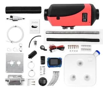 12V 24V diesel air heater kit with fuel tank and components for truck or van installation.