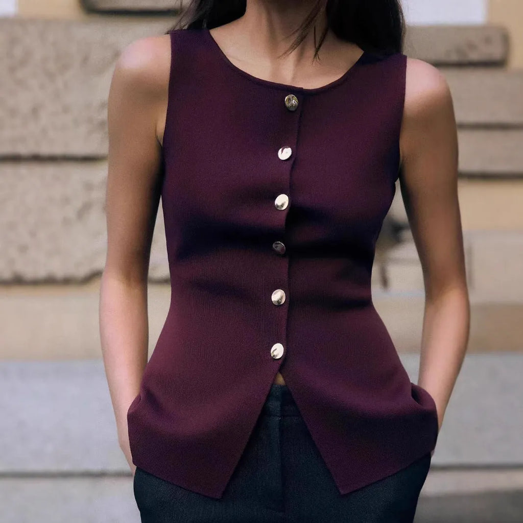Dark red slim fit sleeveless sweater vest with gold buttons and 3D pattern detailing on a mannequin