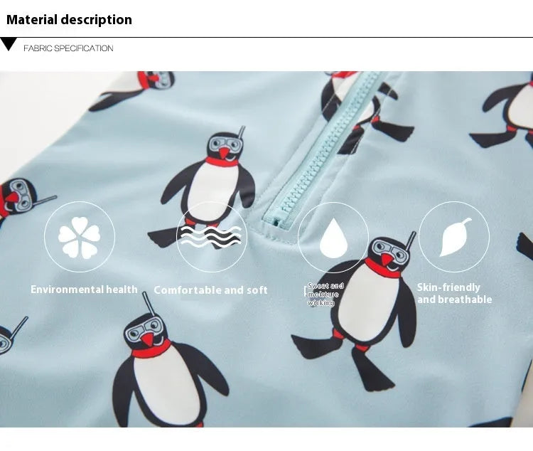 Boys penguin print long sleeve one-piece swimsuit with matching swim cap on size chart