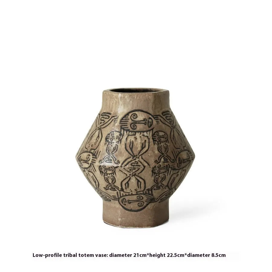 Hand-painted ceramic cylindrical table vase with vintage carved art and tribal totem flower patterns
