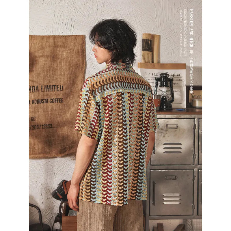 Japanese style Cuban collar men's shirt with jacquard pattern in grey and red colours