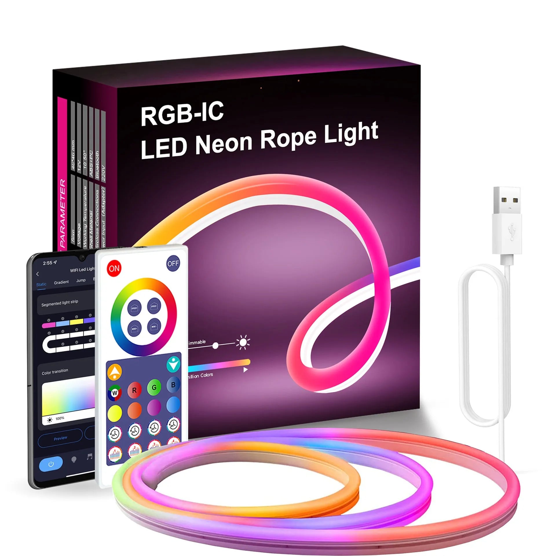 3 metre USB RGB neon light strip with remote control showing colour-changing effects
