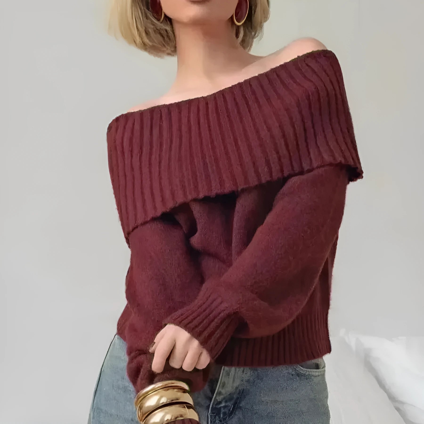 Women's off-the-shoulder sweater with 3D pattern in grey, white or wine red acrylic fabric