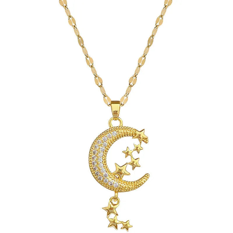 Moon pendant necklace with geometric tassel design and full diamond setting