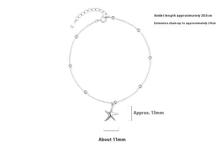 Close-up of a women's S925 sterling silver anklet with a starfish charm and round beads on an adjustable chain.