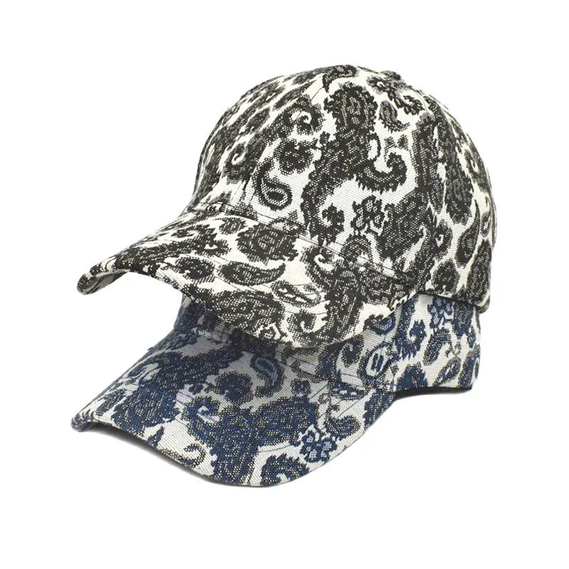 Polyester baseball cap with paisley pattern in blue colour showing dome crown design