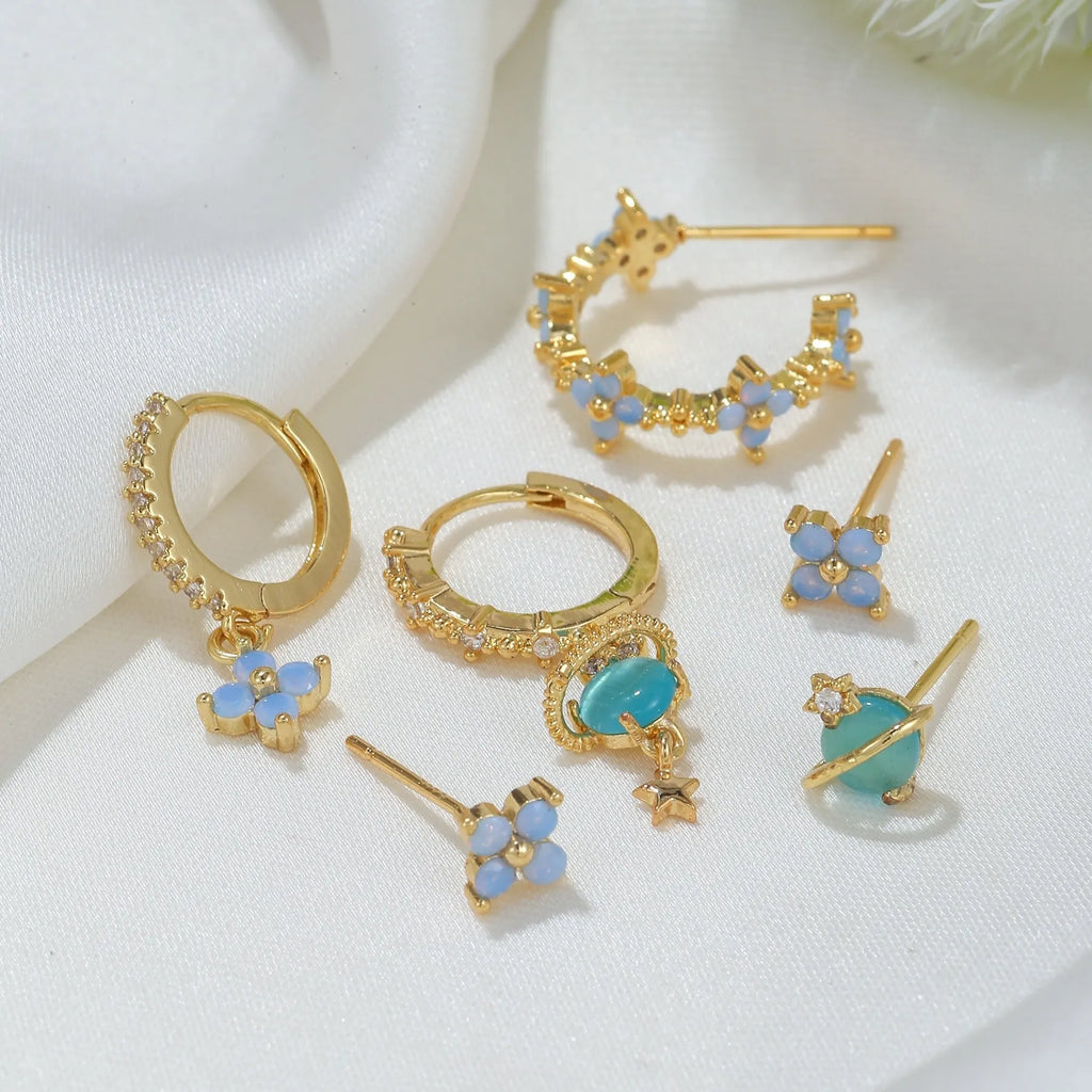 Japanese Korean sweet girl earrings with blue protein flower nail zircon mosaic design in gold or silver colour