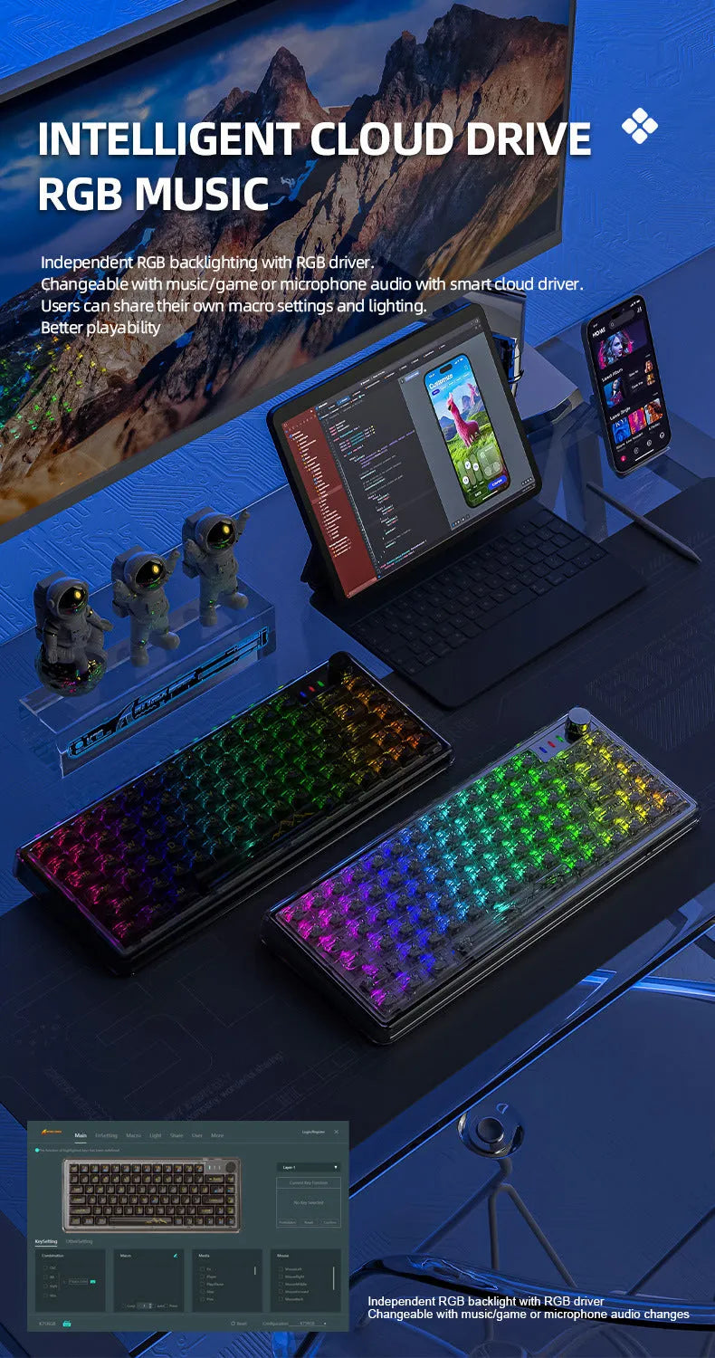 Attack Shark K75 transparent wireless mechanical keyboard with RGB backlighting on a desk
