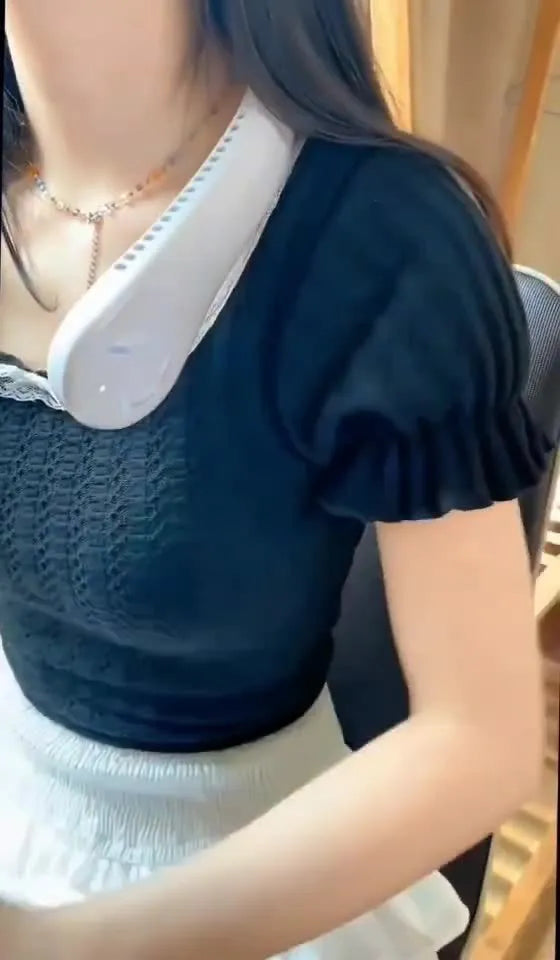 Blue USB charging portable bladeless neck fan showing adjustable speed settings
