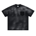 Black men's cotton t-shirt with printed letter design and loose drop-shoulder sleeves.