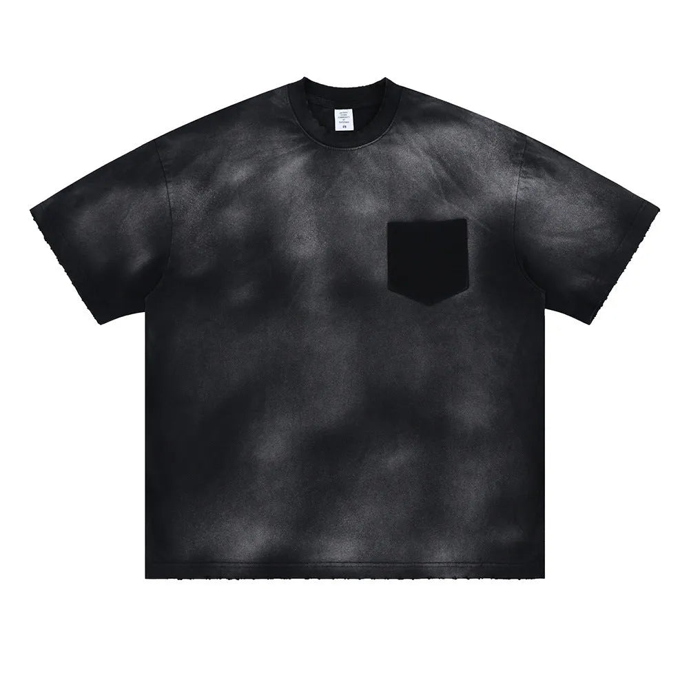 Black men's cotton t-shirt with printed letter design and loose drop-shoulder sleeves.