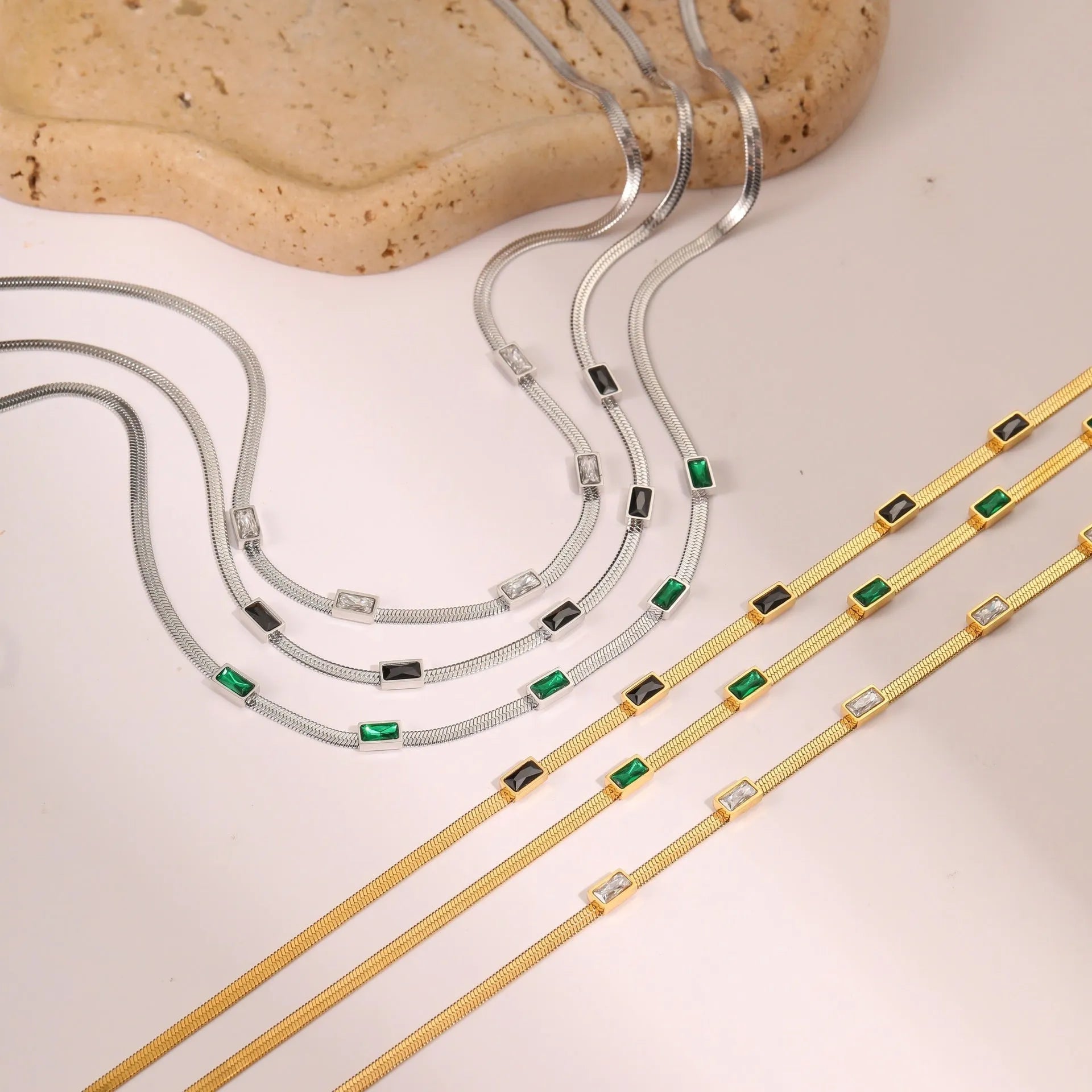 Geometric square zircon necklace on stainless steel flat snake chain in gold or steel finish