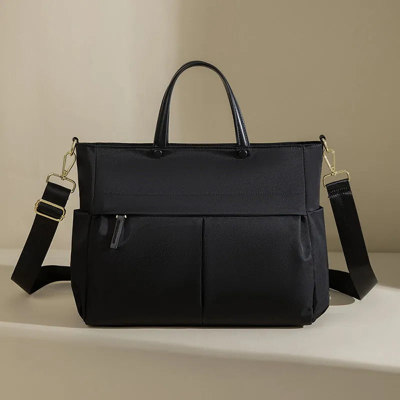 Women's Oxford cloth briefcase laptop bag with contrast stitching in elegant black colour