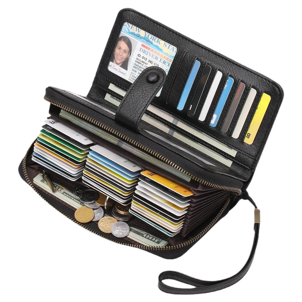 Women's expanding card holder long wallet in multiple colour options showing passport compartment and card slots