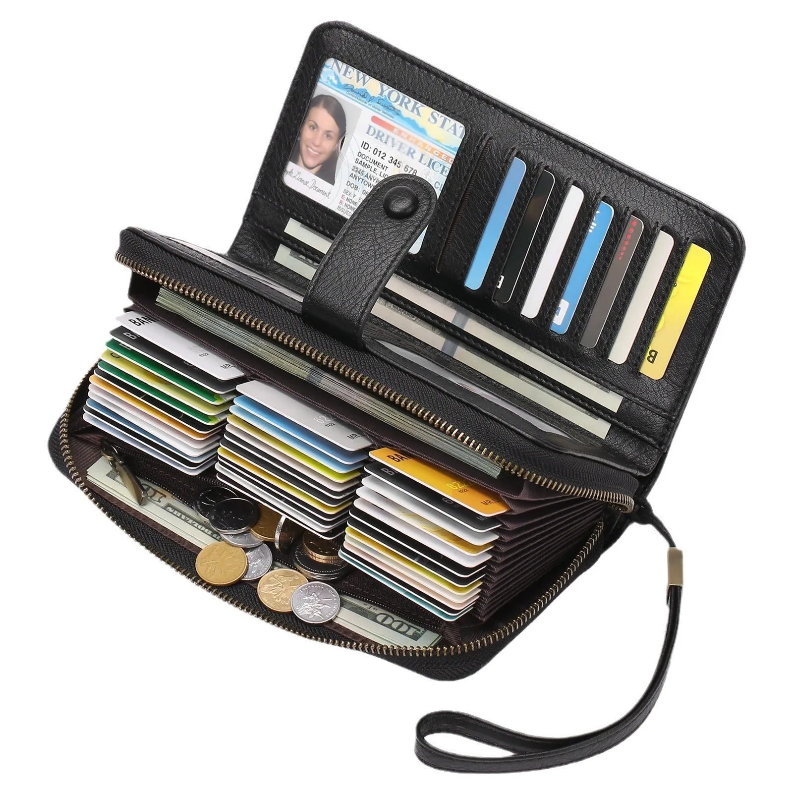 Women's expanding card holder long wallet in multiple colour options showing passport compartment and card slots