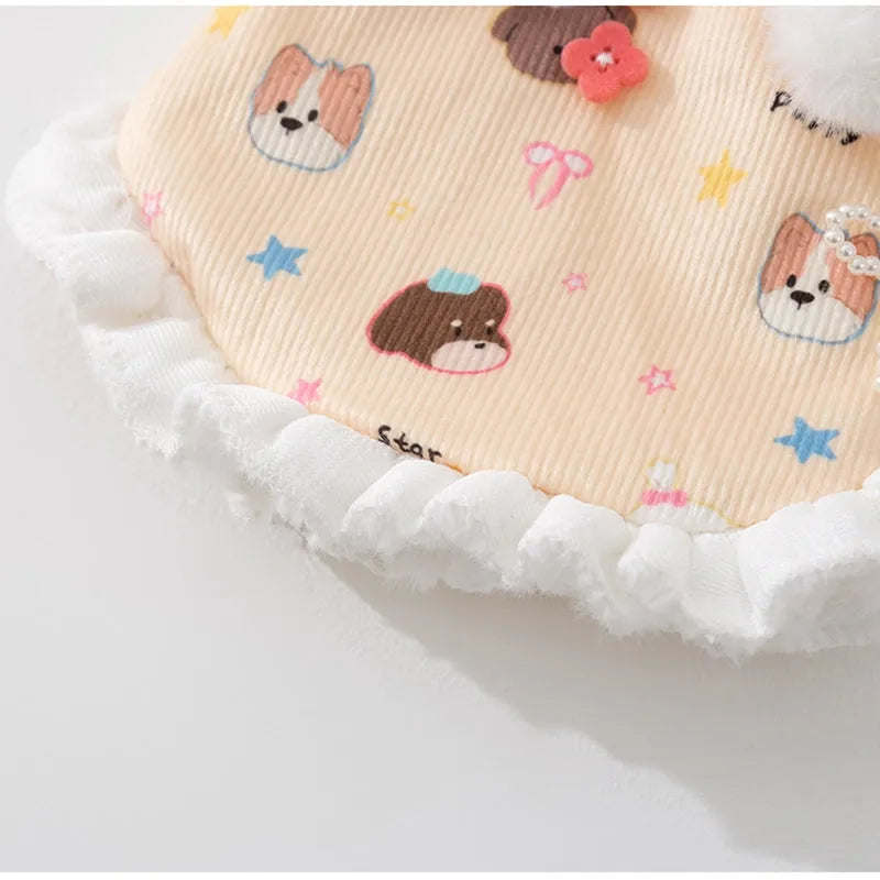 Winter fleece teddy dress with 3D ears for small dog in white, button closure and hood