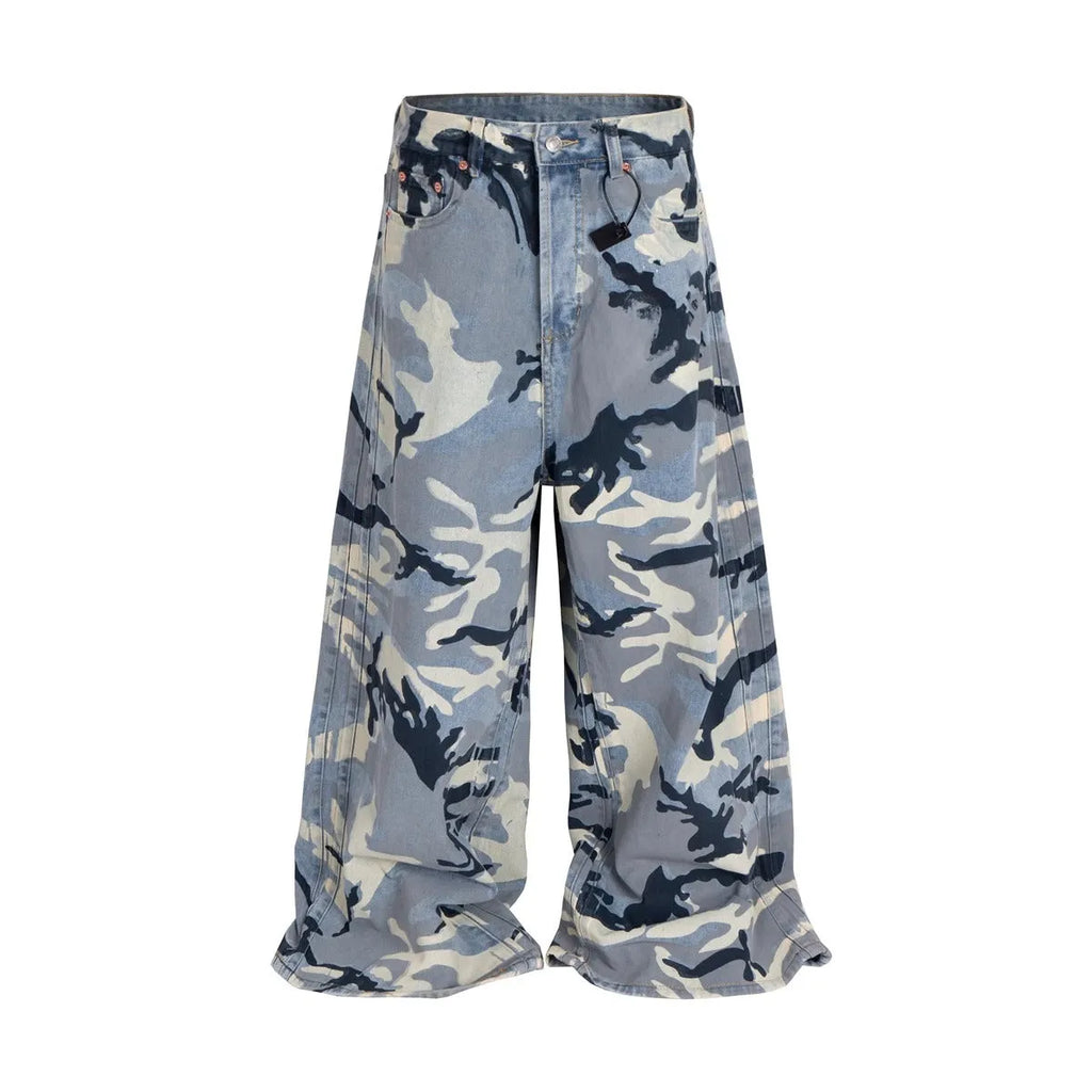 Snow camouflage blue loose fit jeans with cotton elastic denim construction and mid-waist design