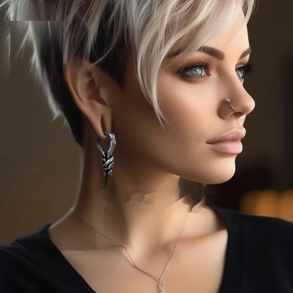 Close-up of copper earrings with a 4mm gauge featuring intricate bends and hitches design