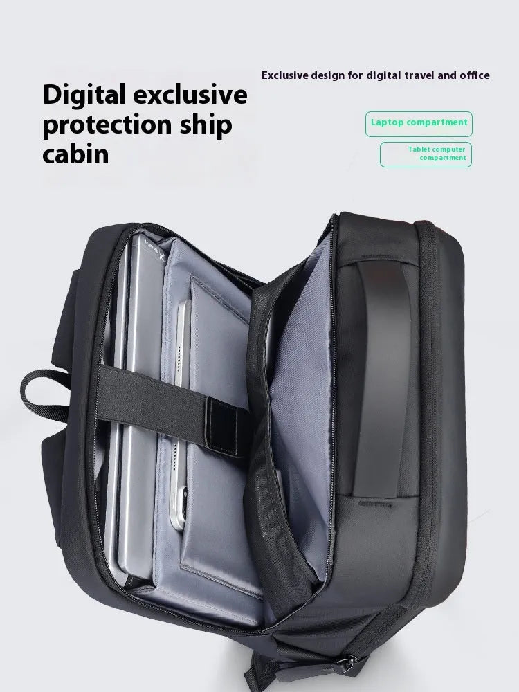 Graphite grey Oxford cloth business backpack with external USB charging port.