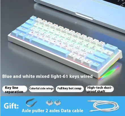 61-key compact mechanical keyboard with blue-white tea switches and wired connection
