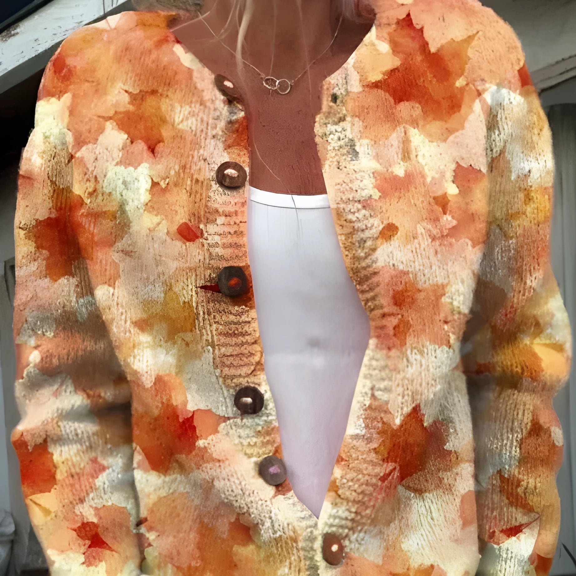 Yellow cardigan coat with a raised 3D pattern, shown on a hanger.