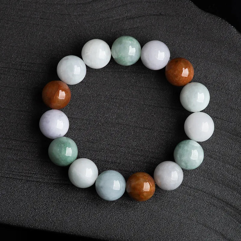 Women's Myanmar jade bracelet with three natural colours in 13mm round beads
