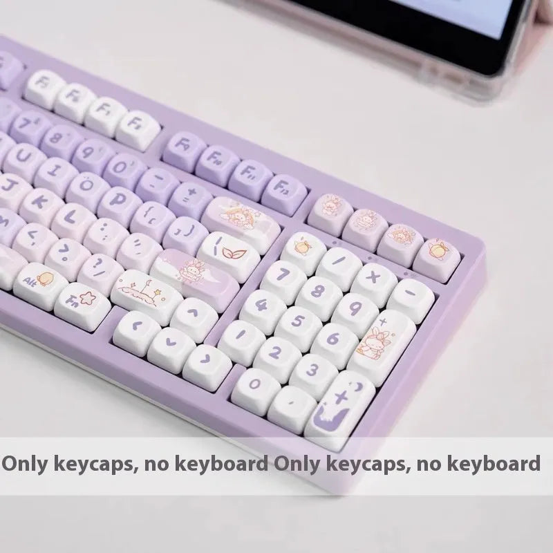 Full set of gradient purple PBT keycaps with rabbit design for mechanical keyboards.
