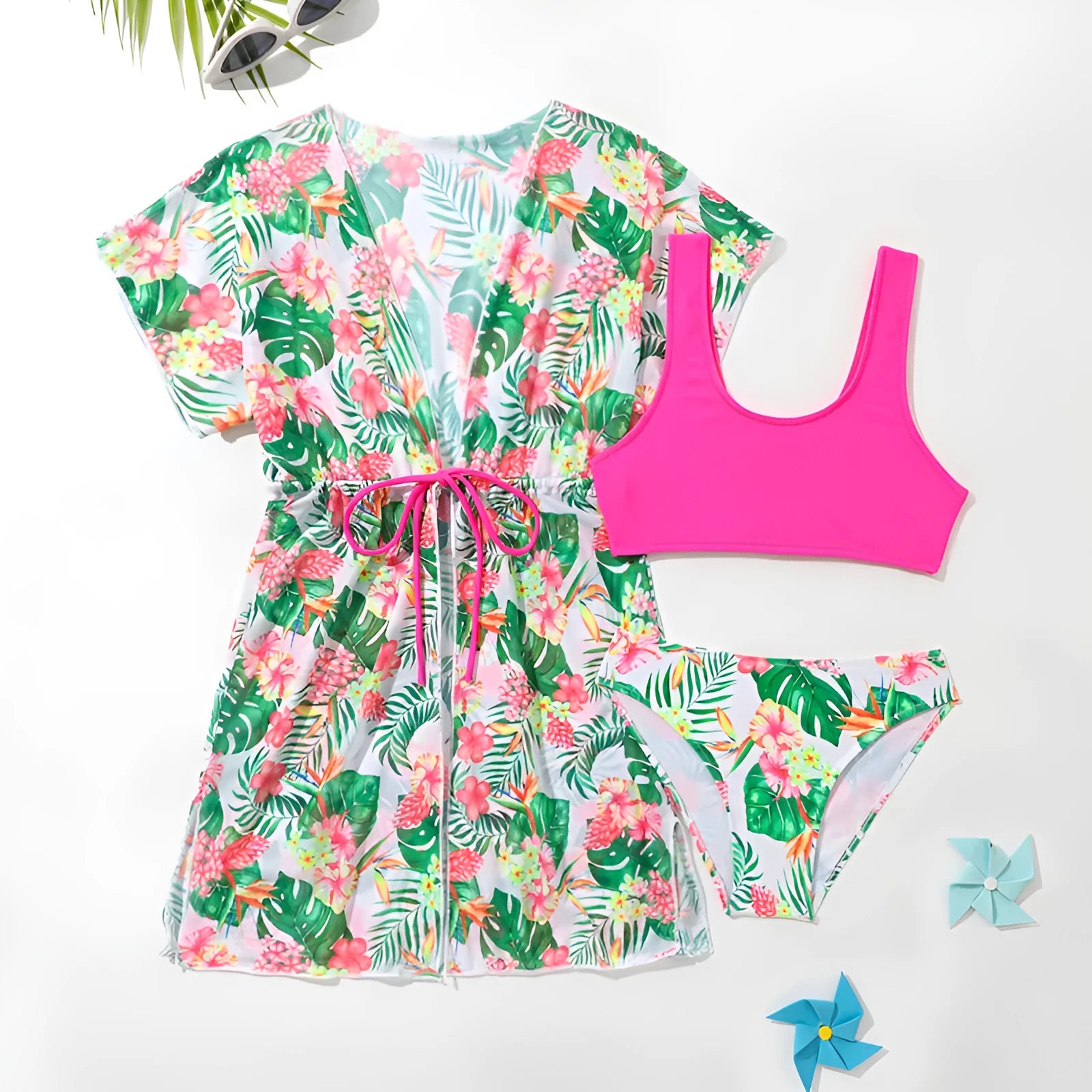 Girls' two-piece floral print swimsuit set in polyester fabric for swimming