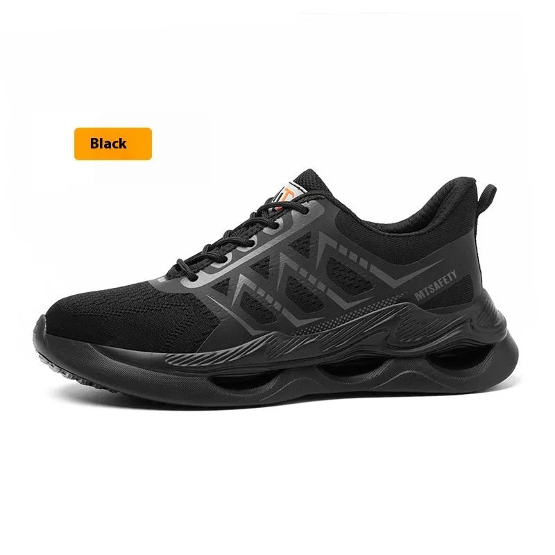 Black steel toe cap safety work shoes with flat knitted uppers and lace-up closure