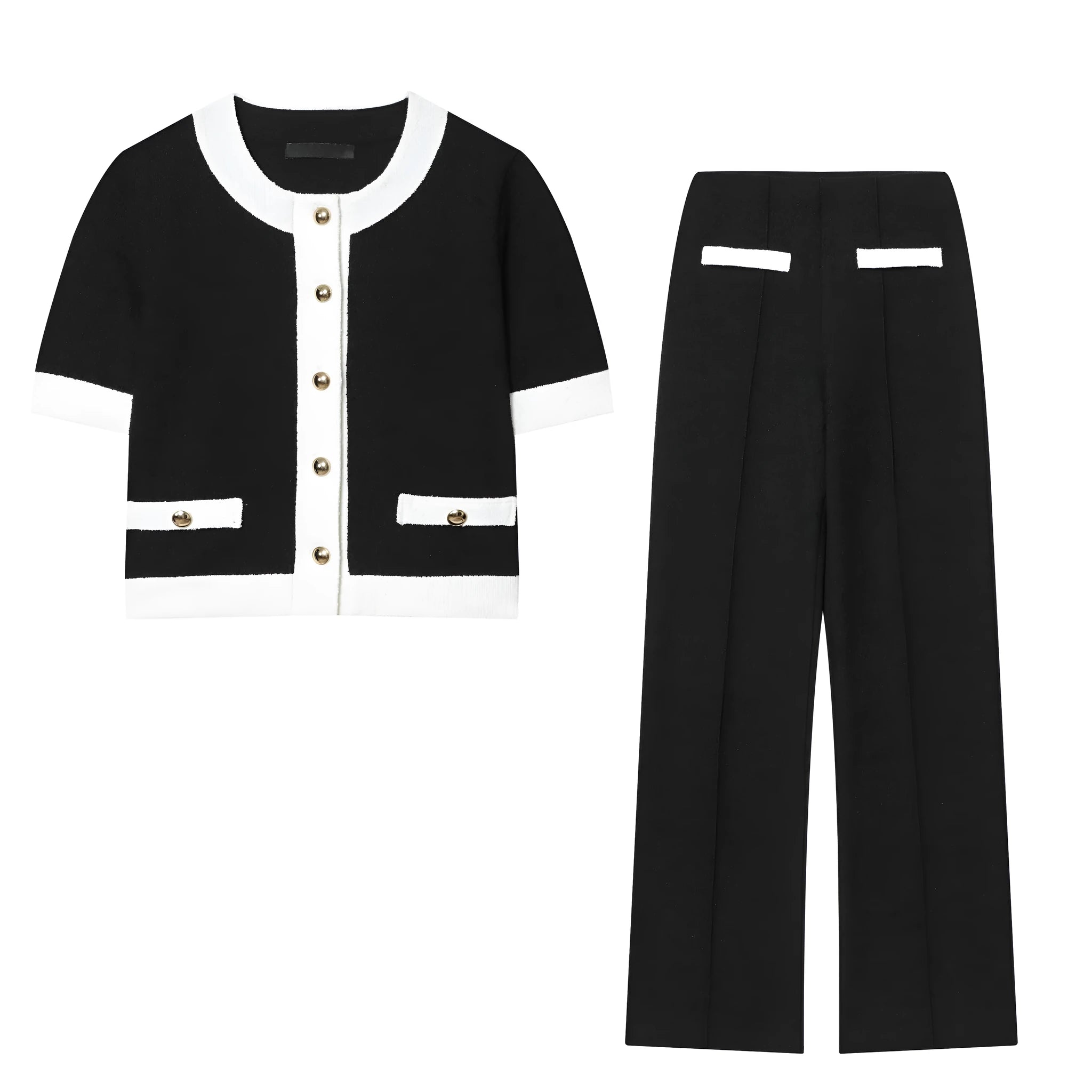Women's casual suit set with beaded top and high-waisted trousers in street fashion style